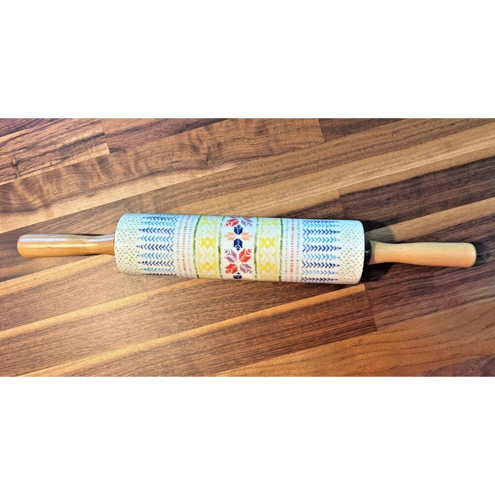 Anthropologie Rolling Pin POLAR GAZE‎ Ceramic Winter Holiday Folk Snowflake